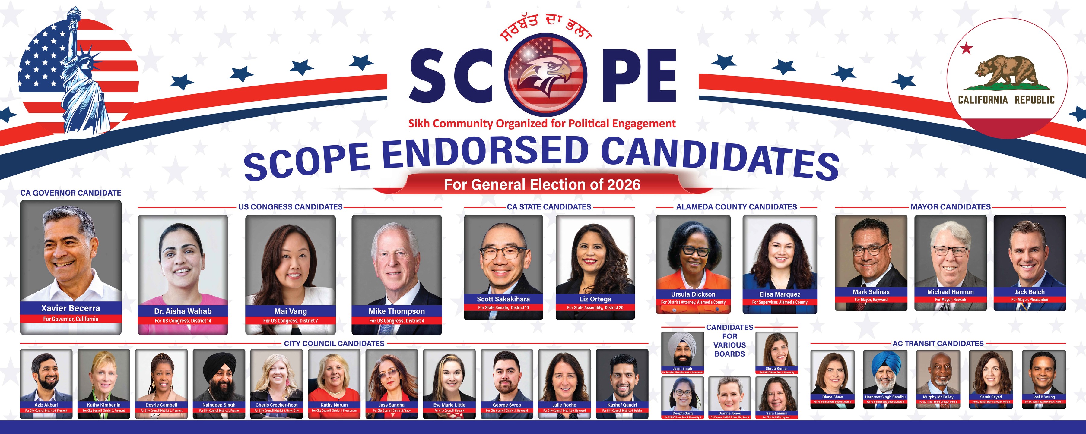 SCOPE endorsed candidates for the 2026 general election. Candidate names and offices are listed below.